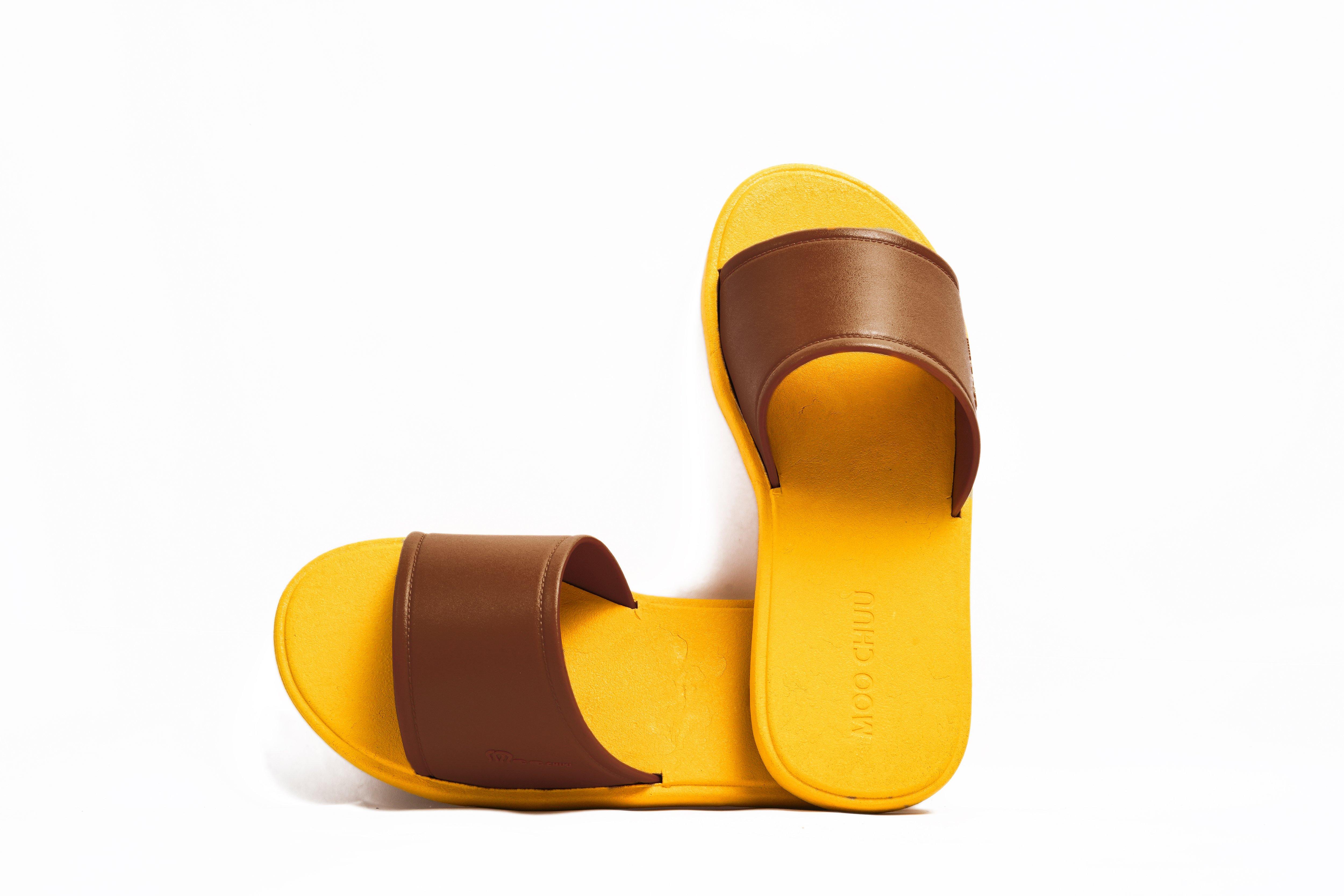 Fluffy Yellow Sole Brown Strap - Moo Chuu India