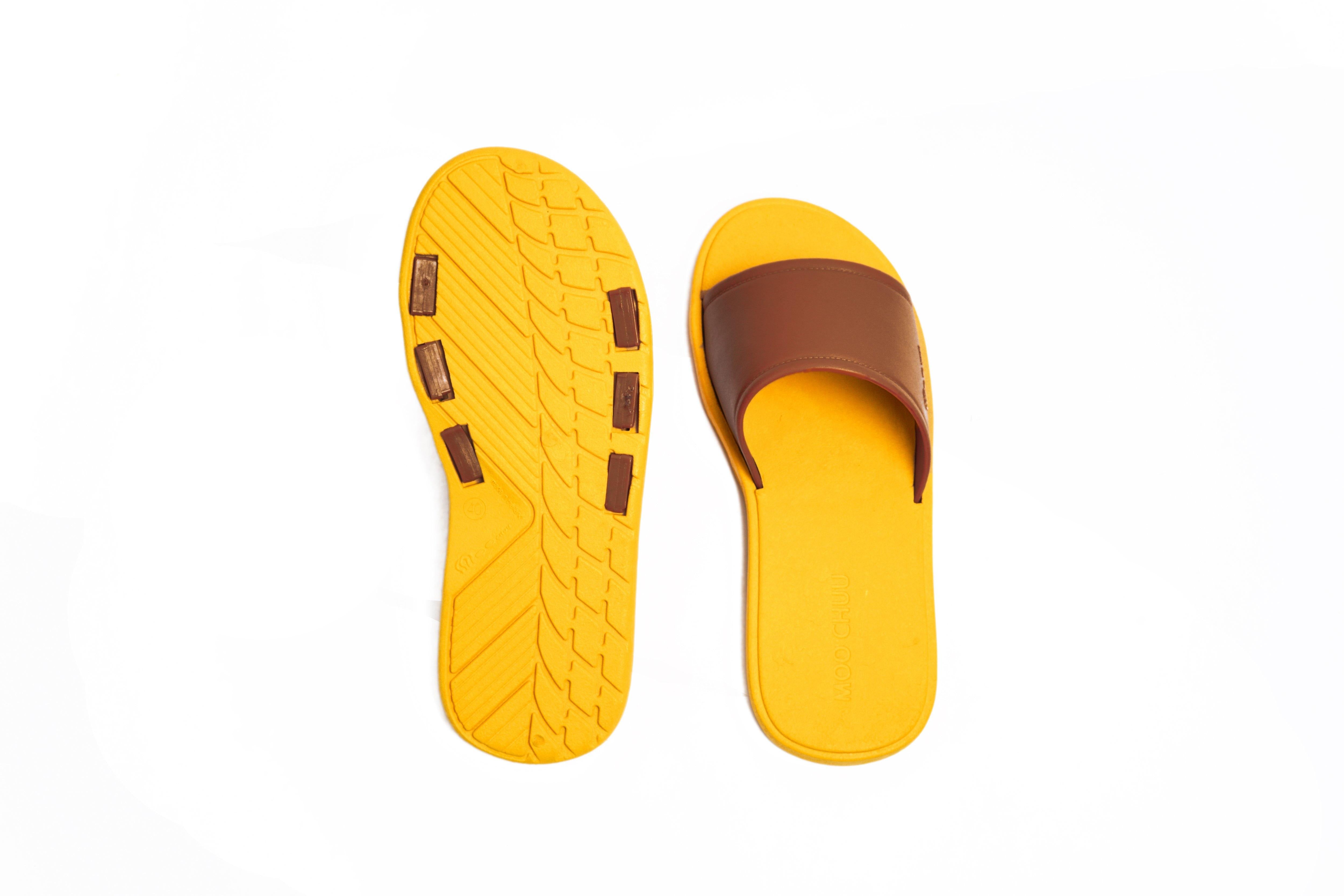 Fluffy Yellow Sole Brown Strap - Moo Chuu India
