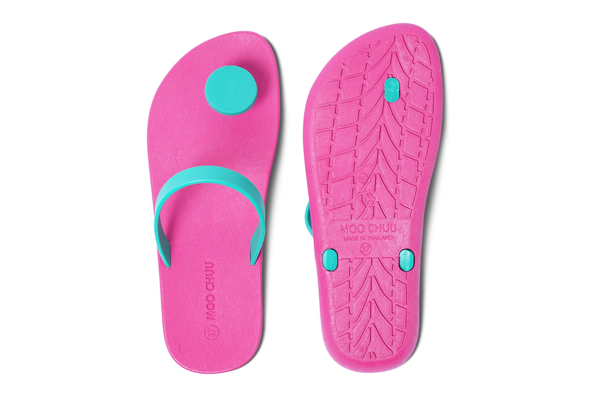 Pink and green top flip flops